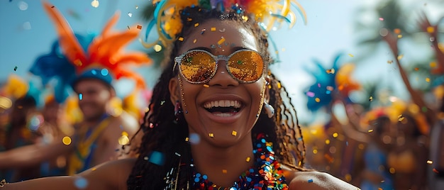 Vibrante desfile de Mardi Gras con festejadores disfrazados bailando y arrojando cuentas de colores a una multitud entusiasta Concepto Celebración de Mardi gras Vestidos de colores Bailando festejadores Lanzando cuentas