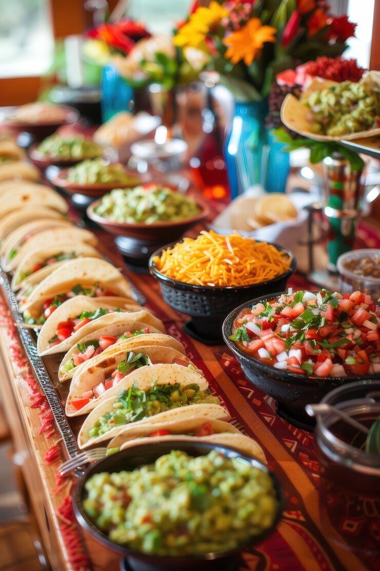 Una vibrante difusión de la cocina mexicana con tacos guacamole y ingredientes frescos en un entorno festivo