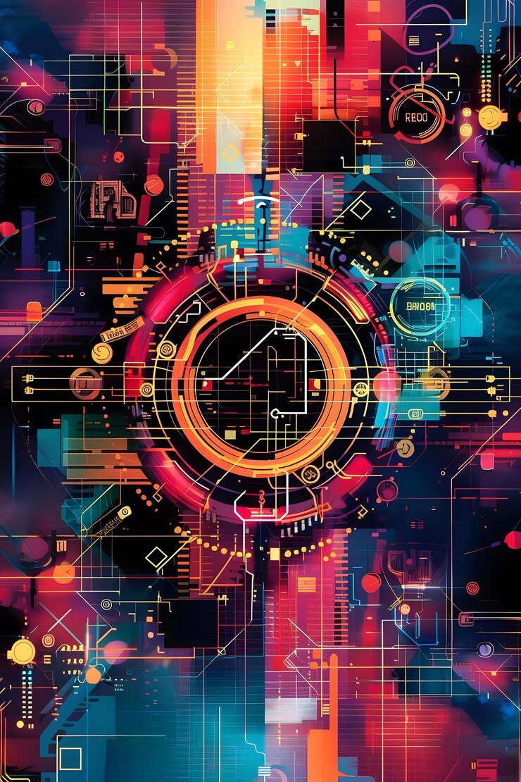 Foto un vibrante diseño digital abstracto con formas geométricas y elementos brillantes