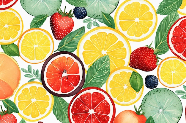Vibrante e interminável tapeçaria de aquarelas de frutas de verão