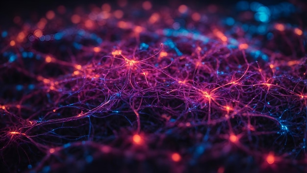 Una vibrante e intrincada red de células nerviosas iluminadas por una brillante luz de neón.