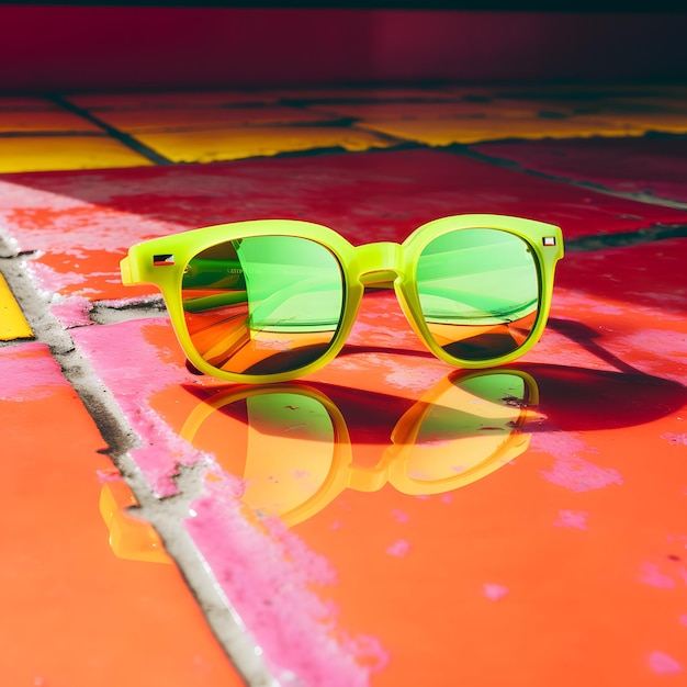 Foto la vibrante energía del verano capturada en una foto colorida de gafas de sol descansando en el suelo