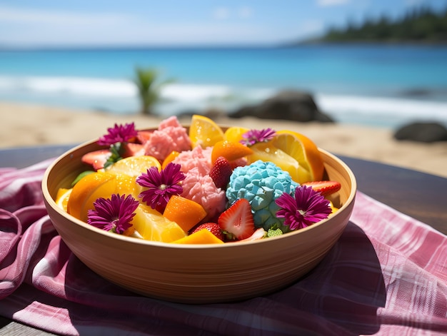 Una vibrante ensalada de frutas tropicales en una toalla de playa