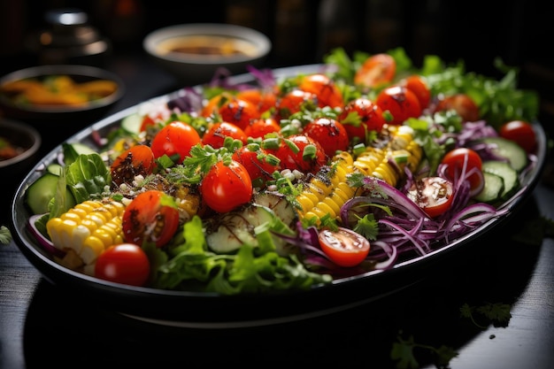 Vibrante ensalada de verano con hojas de tomate, pepino, maíz y sésamo generativo IA