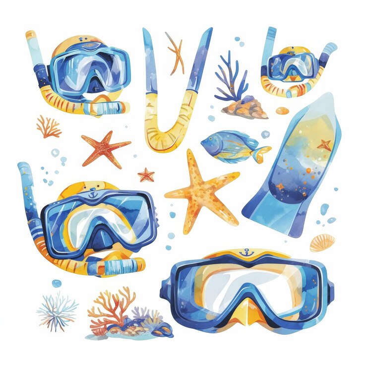 Vibrante equipo de buceo para aventuras de verano en estilo acuarela