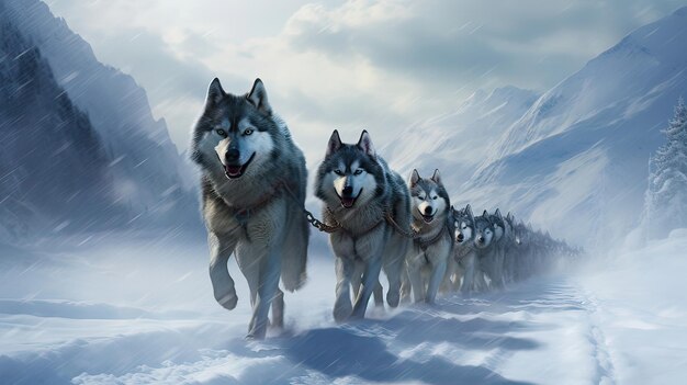 Un vibrante equipo de perros de trineo se apresura a través de la tranquila extensión nevada Aventura nevada escapada de mushing Compañeros caninos expedición de invierno Generado por IA