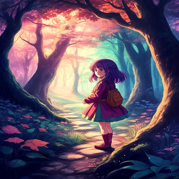 Una vibrante escena de anime dibujada a mano que muestra a una joven en un bosque mágico generada por ai