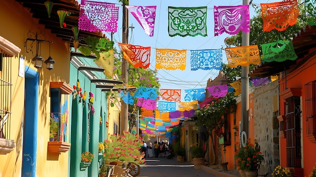 Una vibrante escena callejera en una pequeña ciudad mexicana Los coloridos edificios están adornados con banderas de papel picado y la calle está alineada con flores