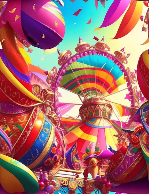 Una vibrante escena de carnaval con un caleidoscopio de colores y una cacofonía de sonidos.