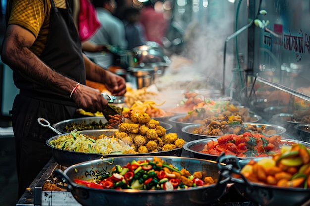 Vibrante escena de comida callejera en la India con un vendedor preparando chaat fresco
