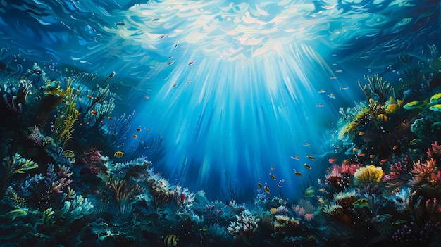 Vibrante escena de coral submarino con la luz del sol filtrando a través del océano Diversa vida marina y corales de colores crean una vista impresionante