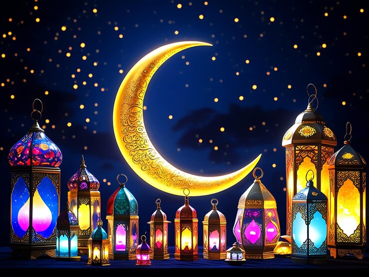 Una vibrante escena nocturna con la majestuosa luna creciente del Ramadán Kareem