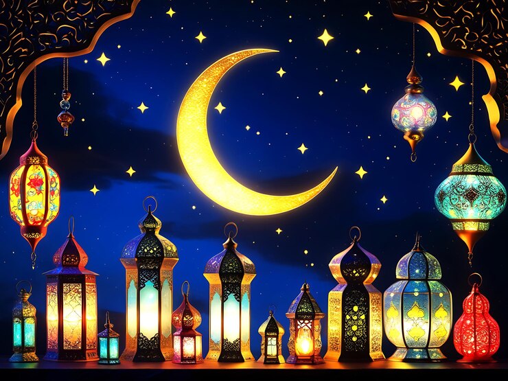 Una vibrante escena nocturna con la majestuosa luna creciente del Ramadán Kareem