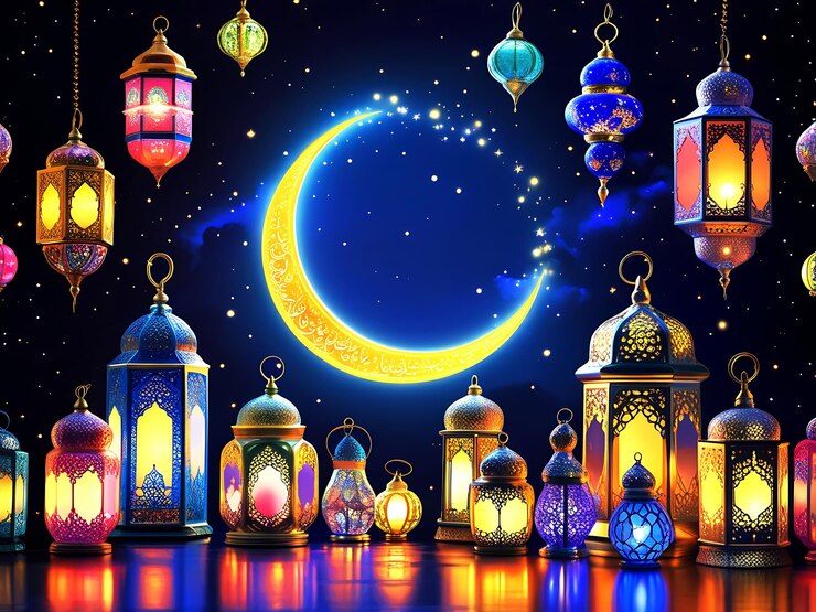 Una vibrante escena nocturna con la majestuosa luna creciente del Ramadán Kareem