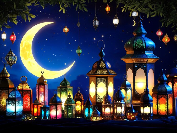 Una vibrante escena nocturna con la majestuosa luna creciente del Ramadán Kareem