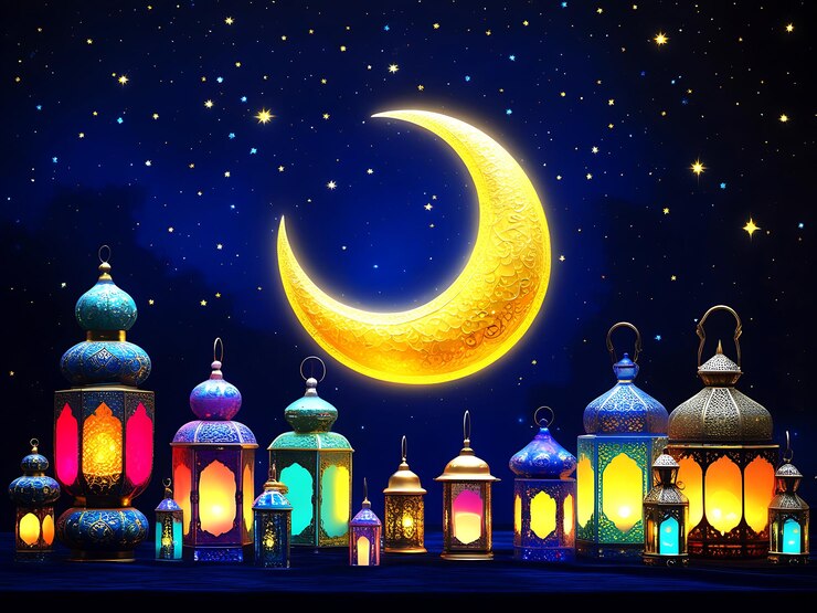 Una vibrante escena nocturna con la majestuosa luna creciente del Ramadán Kareem