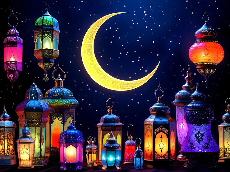 Una vibrante escena nocturna con la majestuosa luna creciente del Ramadán Kareem