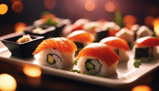 Una vibrante escena de puesta de sol con sushi arreglado creativamente en un plato