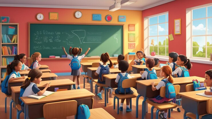 una vibrante escena de regreso a la escuela en estilo de dibujos animados de resolución 4K