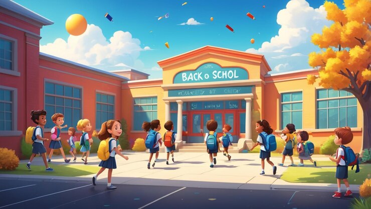 una vibrante escena de regreso a la escuela en estilo de dibujos animados de resolución 4K
