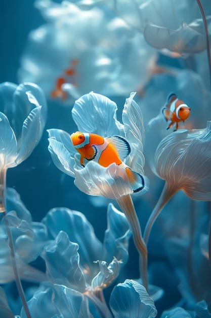 Una vibrante escena submarina con peces payaso nadando entre medusas etéreas en un océano azul sereno