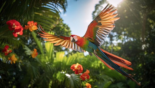 Vibrante escena tropical con un majestuoso loro volando por el aire