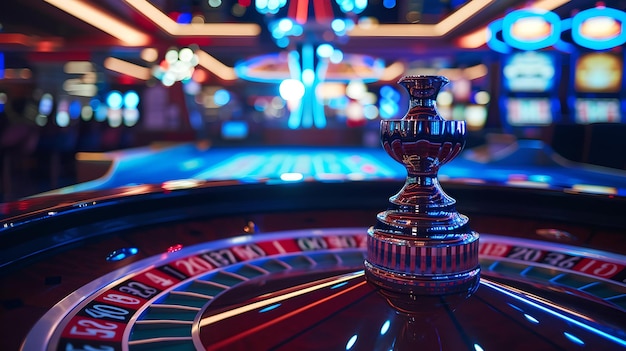 Vibrante escena de la vida nocturna del casino con enfoque en la ruleta, altas apuestas y concepto de juego de entretenimiento AI