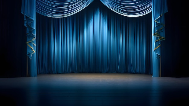 Vibrante escenario de Arafed con cortinas azules y foco Imagen cautivadora de stock para teatro