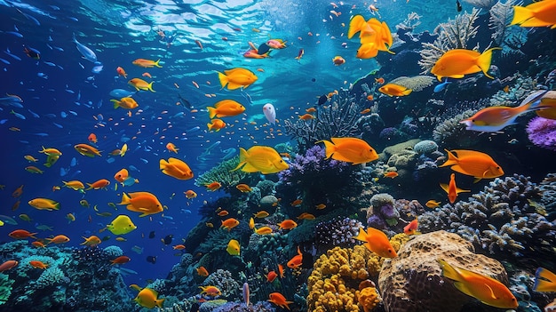 Una vibrante escuela de peces tropicales nadando entre los arrecifes de coral que muestran la belleza submarina de la naturaleza.