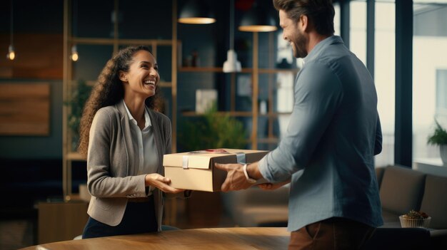 Foto en un vibrante espacio de coworking el mentor extendiendo una caja de regalos