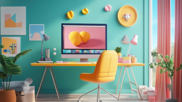 Vibrante espacio de trabajo moderno de oficina en casa con colorida decoración monitor de computadora y silla cómoda La luz del sol fluye en la habitación creando una atmósfera alegre e inspiradora