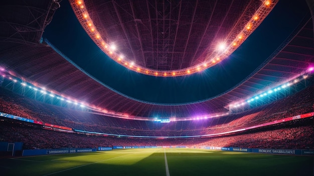 Un vibrante estadio deportivo iluminado por luces de colores en el fondo