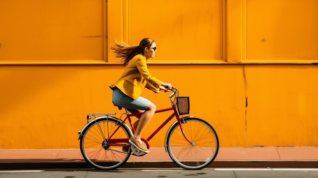 Un vibrante estilo de vida urbano con una joven en bicicleta por una bulliciosa calle de la ciudad