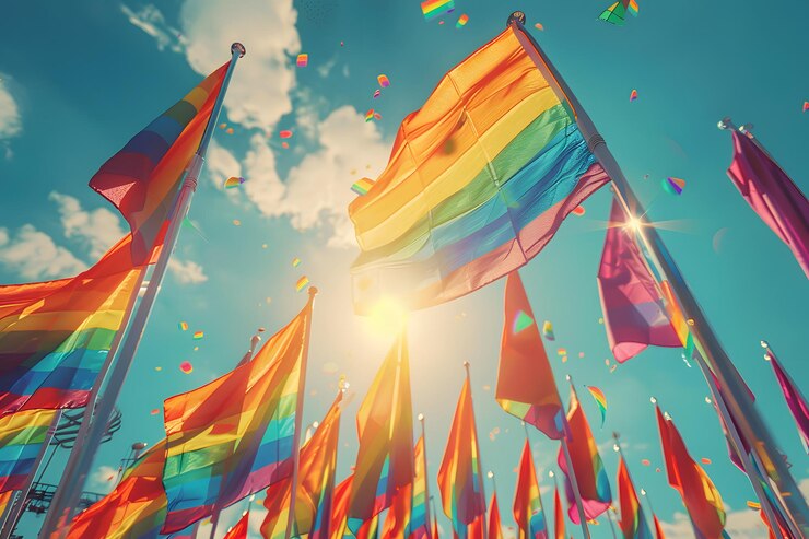Una vibrante exhibición de banderas de orgullo bajo un cielo soleado