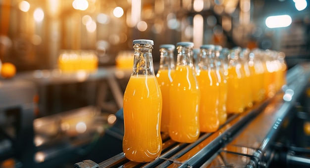 Una vibrante exhibición de botellas de jugo de naranja recién llenadas en una línea de producción iluminada y lista para ser servida