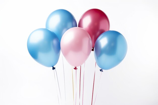 Un vibrante exhibición de fotos globos de colores azul, rosa y dorado adornan un fondo blanco AR 32