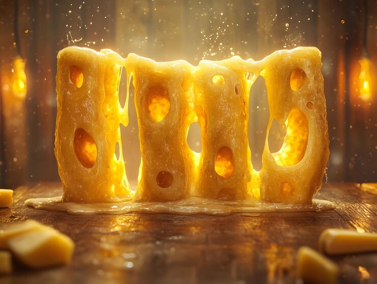 Foto una vibrante exhibición de queso derretido con agujeros iluminados por una iluminación cálida