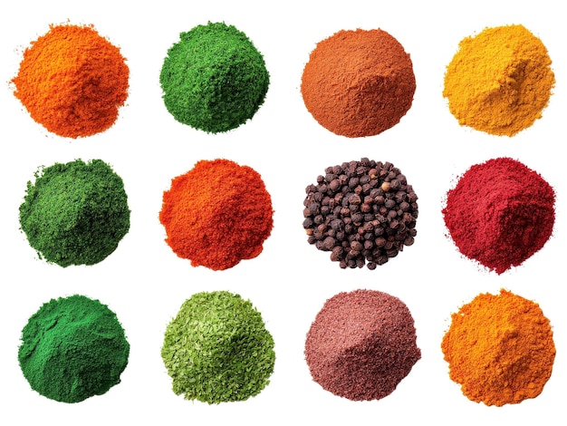 Una vibrante exhibición de varias especias coloridas dispuestas en montículos que muestran la rica diversidad de sabores y aromas que se encuentran en las tradiciones culinarias