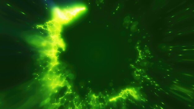 Una vibrante explosión de energía verde que irradia partículas brillantes en un movimiento abstracto giratorio