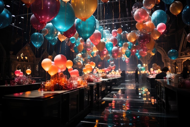 Vibrante fiesta con globos bailes música y banquetes generativa IA