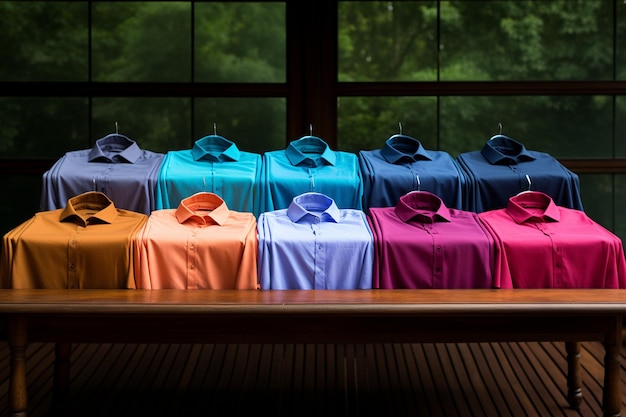 Foto una vibrante fila de camisas de colores cuidadosamente plegadas
