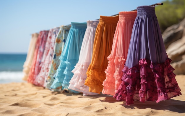 Una vibrante fila de faldas coloridas revoloteando en la brisa del océano en una playa de arena