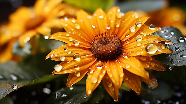 Vibrante flor de girasol en gota de rocío húmedo de cerca