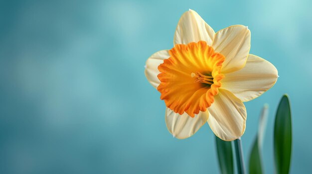 Foto la vibrante flor de narcisos amarillo y naranja florece sobre un fondo azul y verde en la belleza primaveral