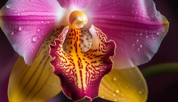 Foto vibrante flor de orquídea rosa en la naturaleza húmeda generada por inteligencia artificial