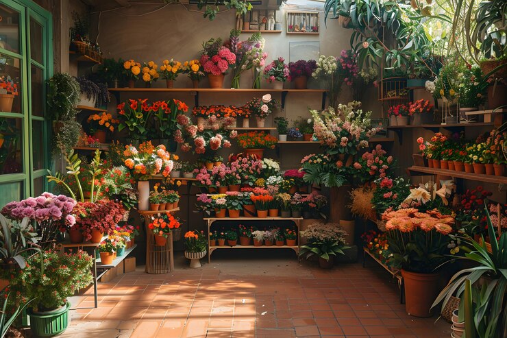 Una vibrante floristería llena de coloridas flores y exuberante vegetación