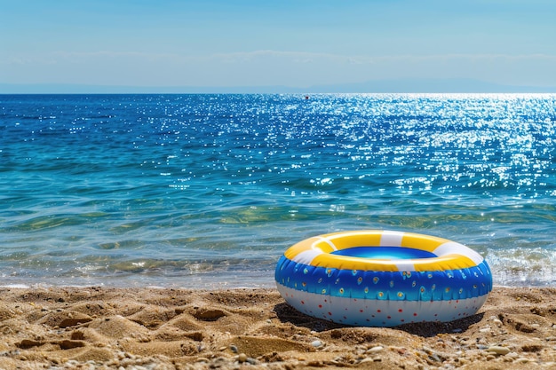 Vibrante flotador inflable descansando en la playa de arena del océano bajo el cielo azul