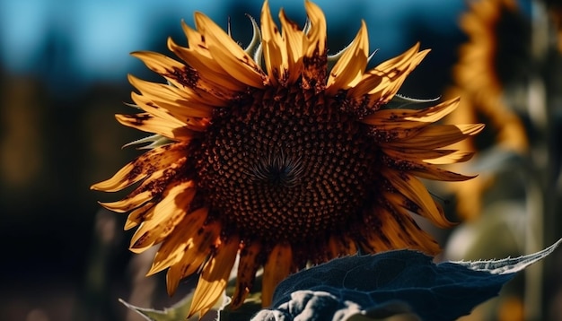 Vibrante girasol en pradera abeja recolecta polen generado por IA