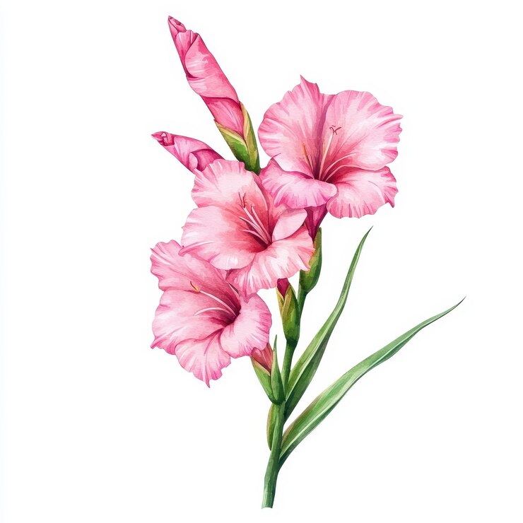 Vibrante Gladiolus Flower Clipart Ilustración en acuarela de un elemento rosado brillante aislado sobre un fondo blanco