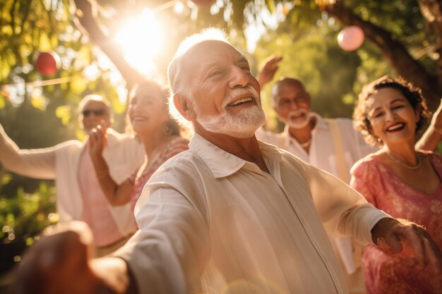 Foto vibrante grupo de ancianos momentos alegres en la jubilación activa